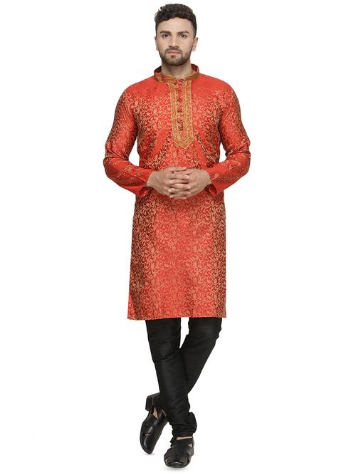 orange silk blend kurta pyjama set - 16445528 - Very Small Image - 1