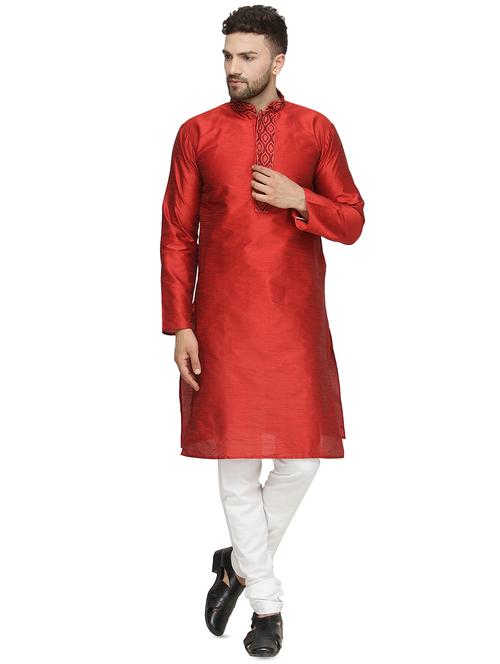 red dupion kurta pyjama set - 16445532 - Very Small Image - 1