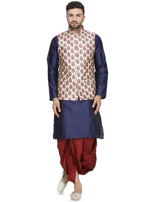 navy blue dupion dhoti kurta set with nehru jacket - 16445569 - Very Small Image - 1