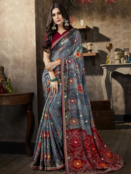 floral printed saree with blouse - 16445904 - Very Small Image - 1