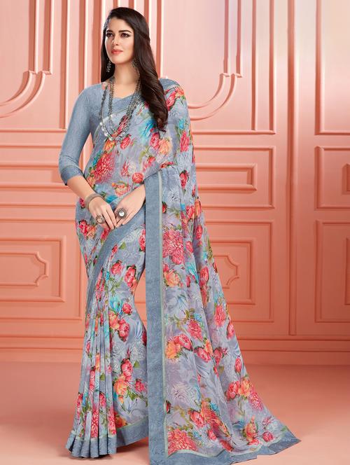 floral printed saree with blouse - 16446087 - Very Small Image - 1