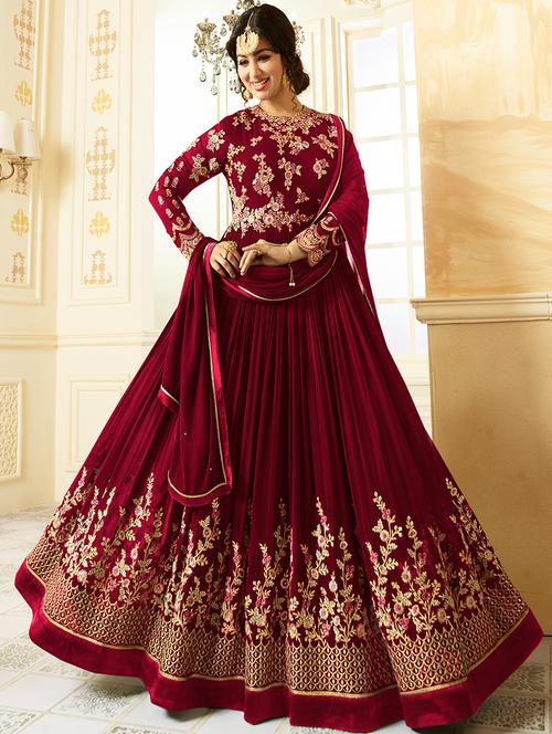 embroidered flatred semi-stitched suit - 16446858 - Very Small Image - 1
