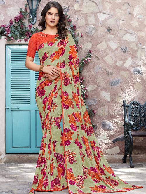 floral printed saree with blouse - 16447916 - Very Small Image - 1