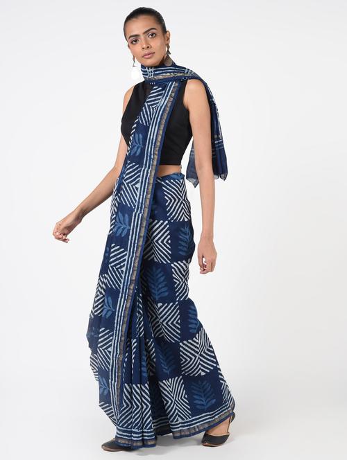 indigo printed saree with blouse - 16450390 - Very Small Image - 1