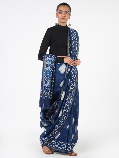indigo printed saree with blouse - 16450392 - Very Small Image - 1