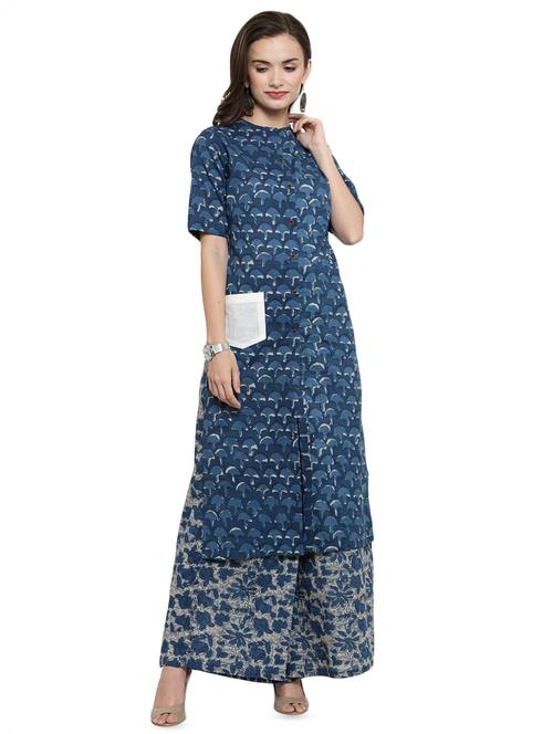 indigo printed straight kurta with palazzo set - 16456871 - Very Small Image - 1
