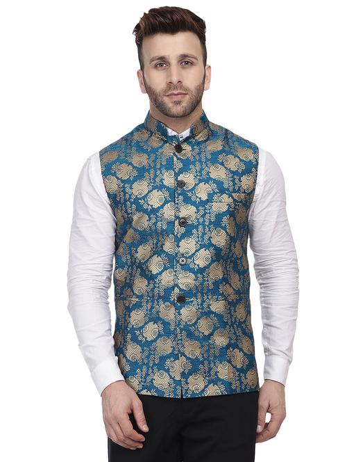 teal brocade nehru jacket - 16457186 - Very Small Image - 1