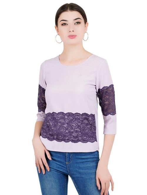 round neck contrast lace detail top - 16459028 - Very Small Image - 1