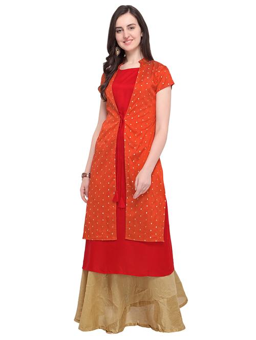 gold print layered art silk kurta - 16460624 - Very Small Image - 1