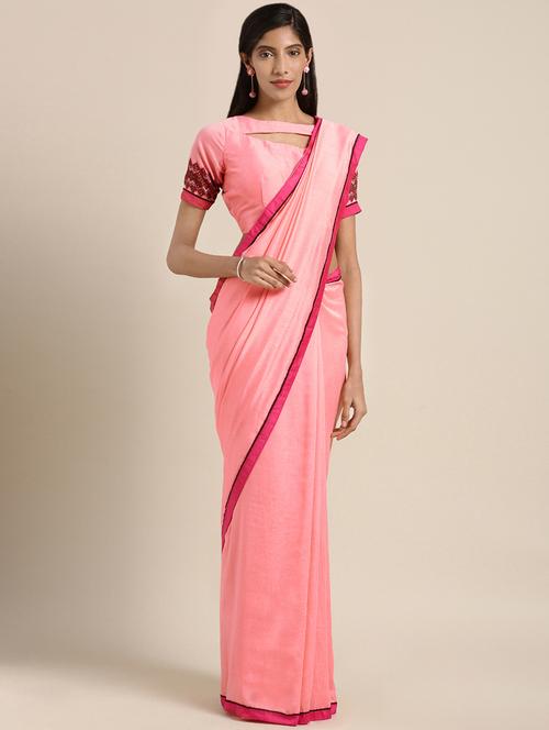women's solid peach colored saree with blouse - 16461687 - Very Small Image - 1