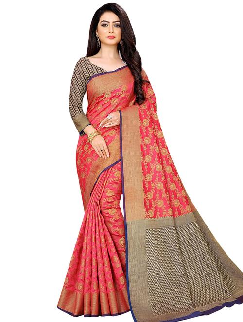 floral zari motif banarasi saree with blouse - 16462973 - Very Small Image - 1