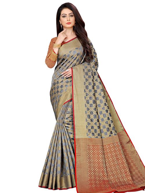 floral zari motif banarasi saree with blouse - 16462975 - Very Small Image - 1