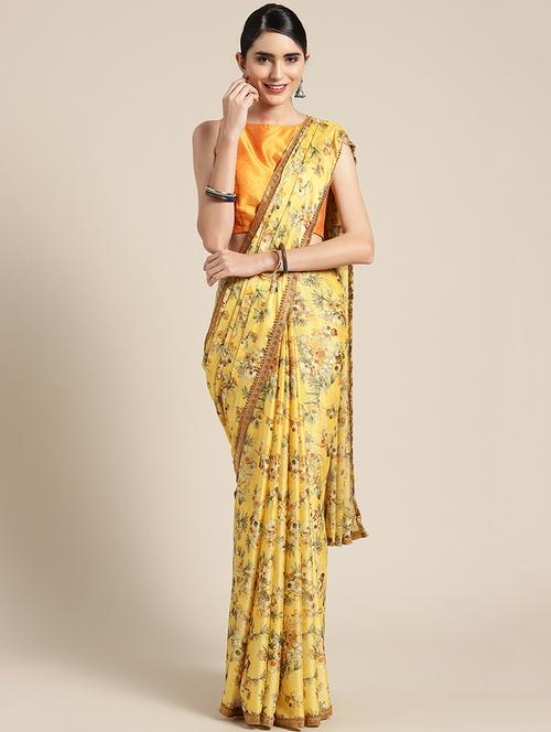 yellow crepe printed saree with blouse - 16463114 - Very Small Image - 1