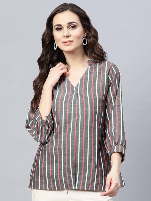 mandarin neck striped top - 16463215 - Very Small Image - 1