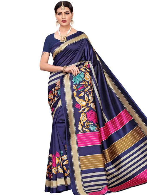 navy art silk printed saree with blouse - 16463839 - Very Small Image - 1