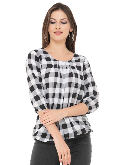 round neck pleated checkered top - 16464516 - Very Small Image - 1