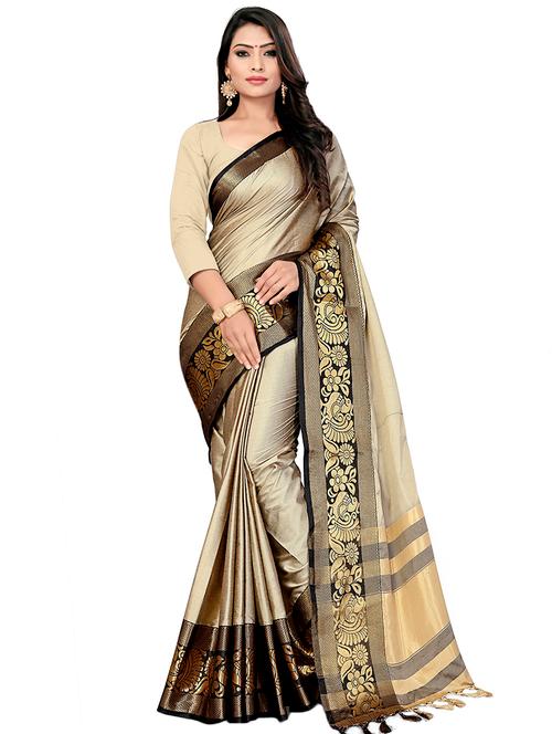 contrast zari border woven saree with blouse - 16465233 - Very Small Image - 1