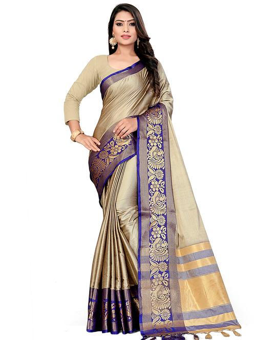 contrast zari border woven saree with blouse - 16465235 - Very Small Image - 1