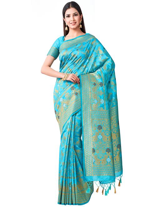 turquoise art silk kanjivaram saree with blouse - 16471411 - Very Small Image - 1