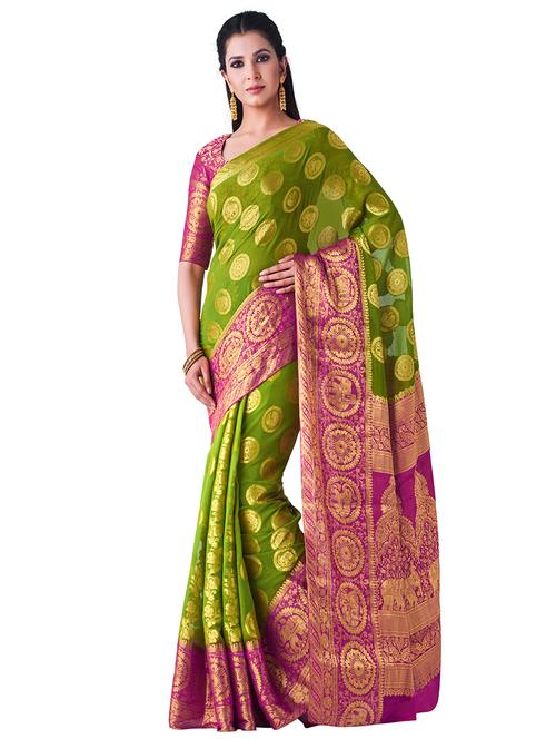 olive. chiffon kanjivaram saree with blouse - 16471446 - Very Small Image - 1