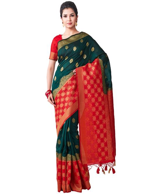 women's self design bottle green colored saree with blouse - 16471469 - Very Small Image - 1