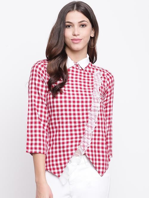 frill detail gingham checkered asymmetric shirt - 16480699 - Very Small Image - 1