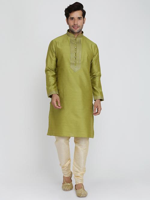 green woven silk blend kurta pyjama set with embroidered neckline - 16480839 - Very Small Image - 1