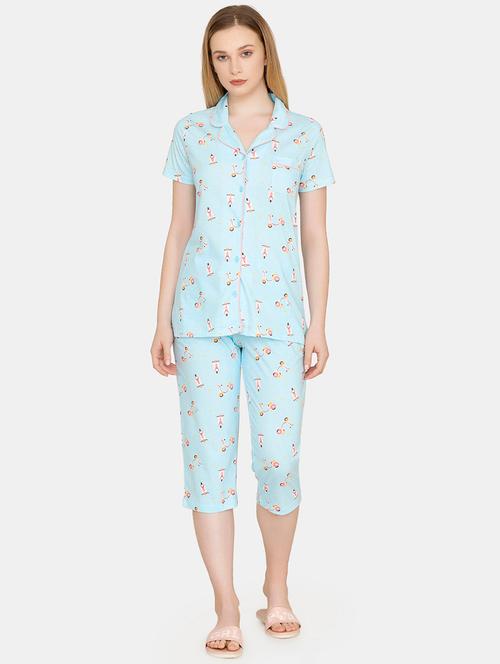 lapel neck quirky shirt & capri nightwear set - 16481160 - Very Small Image - 1