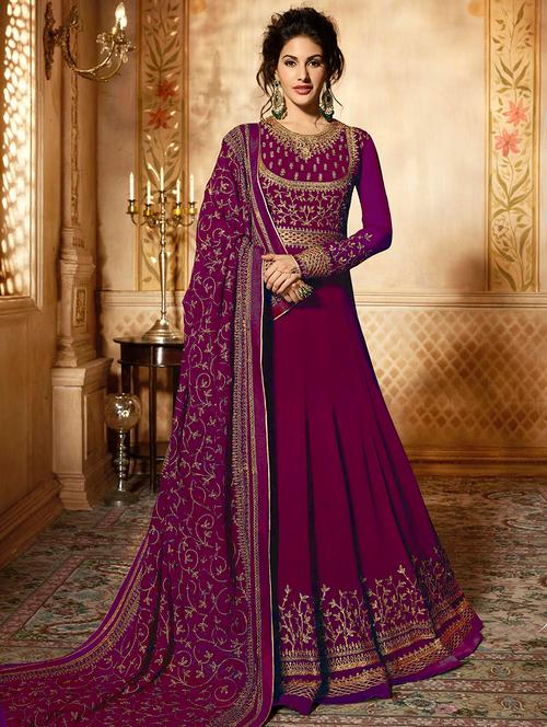 embroidered flared semi-stitched suit - 16483563 - Very Small Image - 1