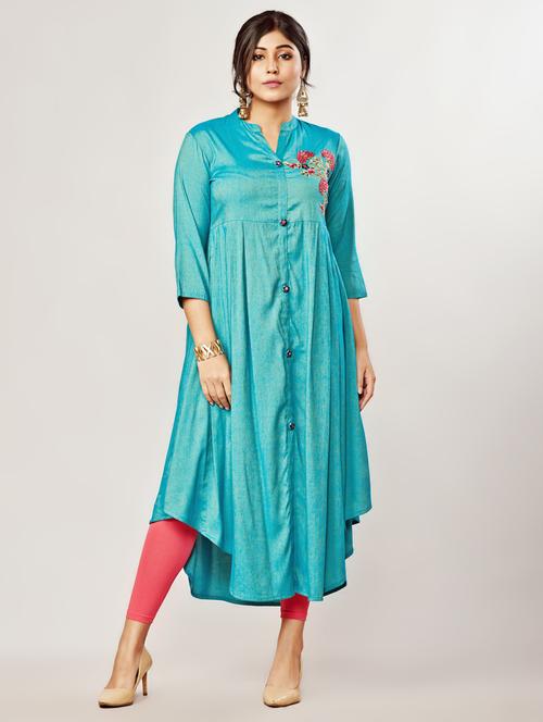 embroidered solid high-low kurta - 16485065 - Very Small Image - 1
