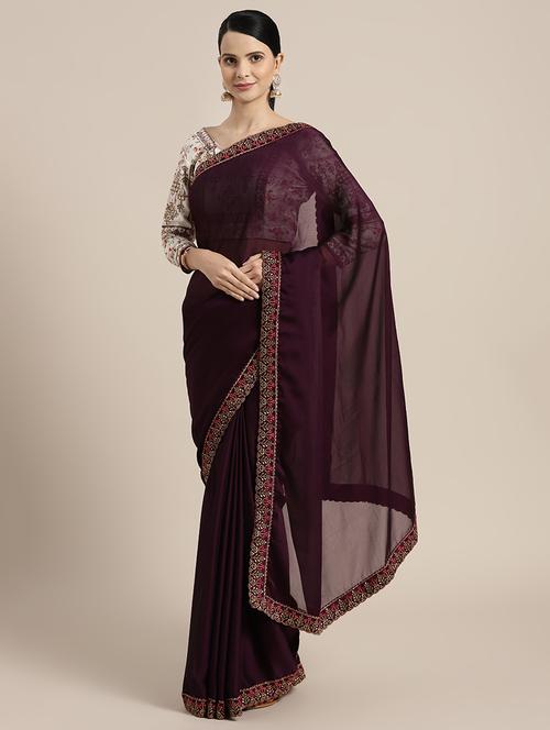 embroidered solid saree with blouse - 16487003 - Very Small Image - 1