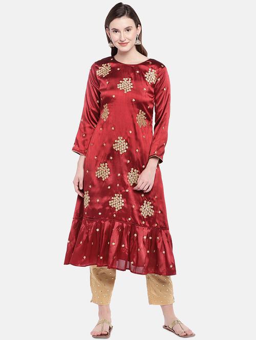 embroidered silk a-line kurta - 16488249 - Very Small Image - 1