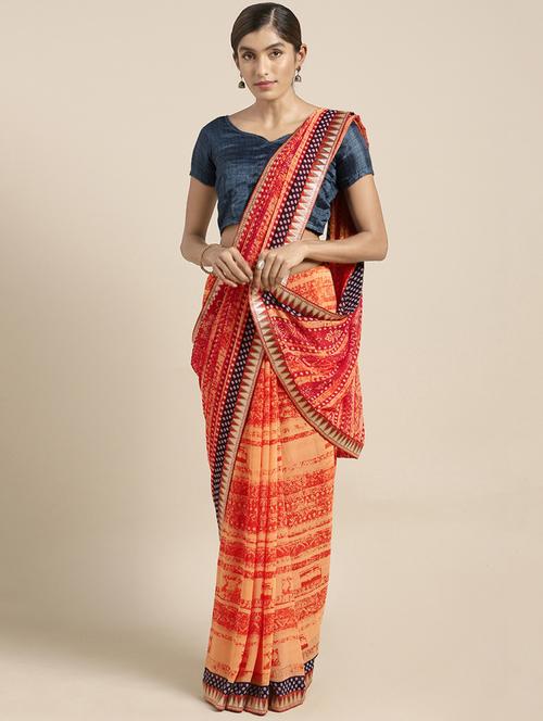 orange georgette printed saree with blouse - 16493278 - Very Small Image - 1