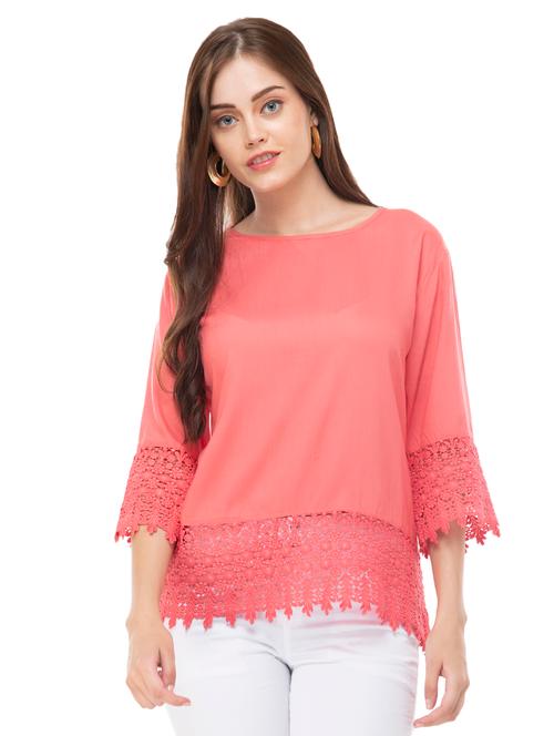 crochet hem round neck solid top - 16494041 - Very Small Image - 1