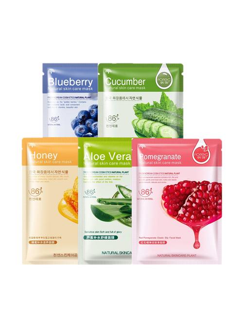 horec activated real nature unisex facial mask (aloe vera, blueberry, cucumber, honey, pomegranate) (pack of 5) - 16494608 - Very Small Image - 1