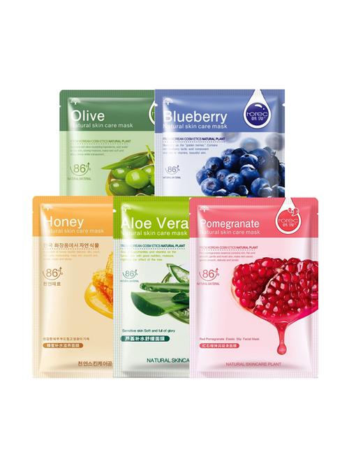 horec activated real nature unisex facial mask (aloe vera, olive, blueberry, honey, pomegranate) (pack of 5) - 16494610 - Very Small Image - 1