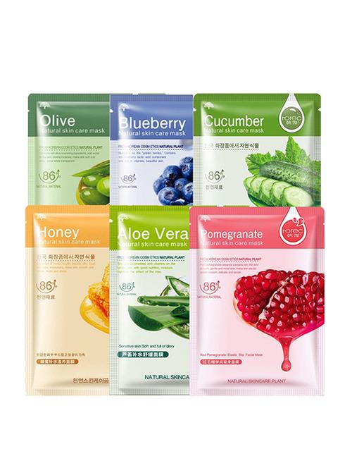 horec activated real nature unisex facial mask (aloe vera, olive, blueberry, cucumber, pomegranate, honey) (pack of 6) - 16494612 - Very Small Image - 1