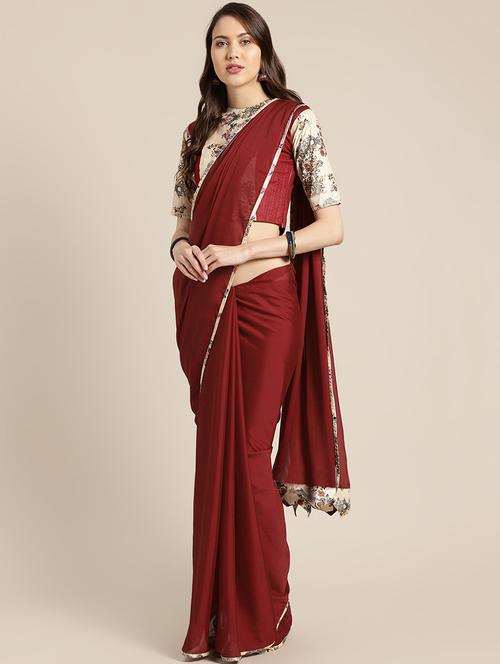 floral bordered plain saree with blouse - 16495892 - Very Small Image - 1