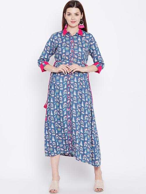 printed contrast piping detailed flared kurta - 16502285 - Very Small Image - 1