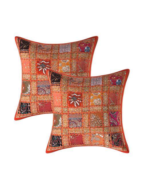 texstylers-patchwork-2 piece standard size cushion cover set-(16x16 inches),orange - 16504984 - Very Small Image - 1