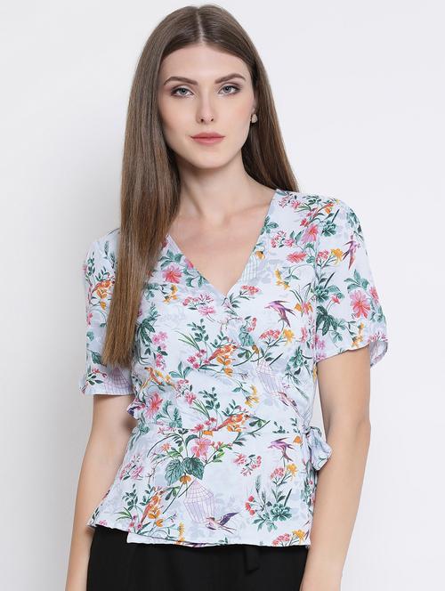 tie knot overlap neck floral top - 16506812 - Very Small Image - 1