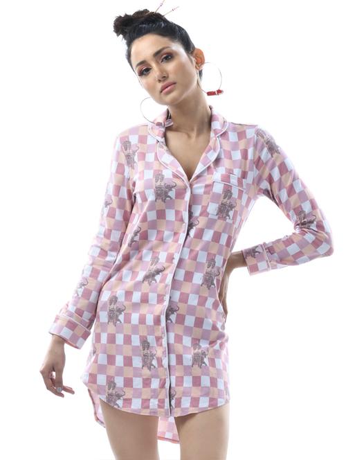 lapel neck checkered nighty - 16510771 - Very Small Image - 1