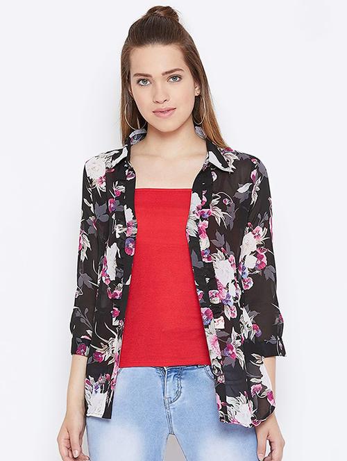 concealed placket curved hem floral shirt - 16514889 - Very Small Image - 1