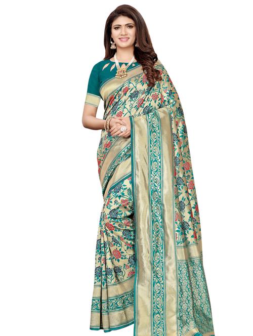 turquoise printed saree with blouse - 16515753 - Very Small Image - 1