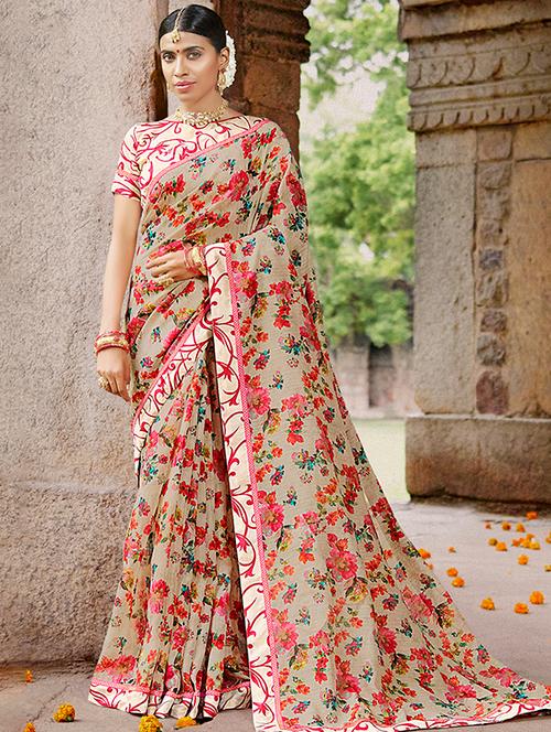 floral printed saree with blouse - 16518358 - Very Small Image - 1