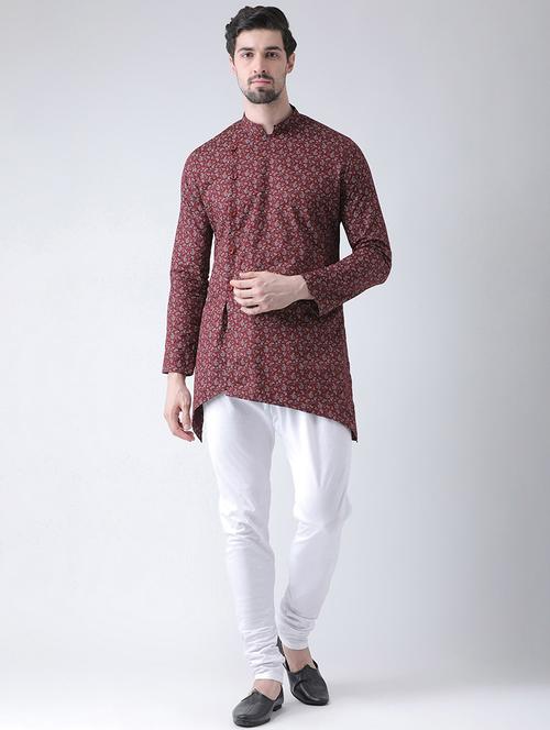 red linen printed asymmetric short kurta - 16519110 - Very Small Image - 1