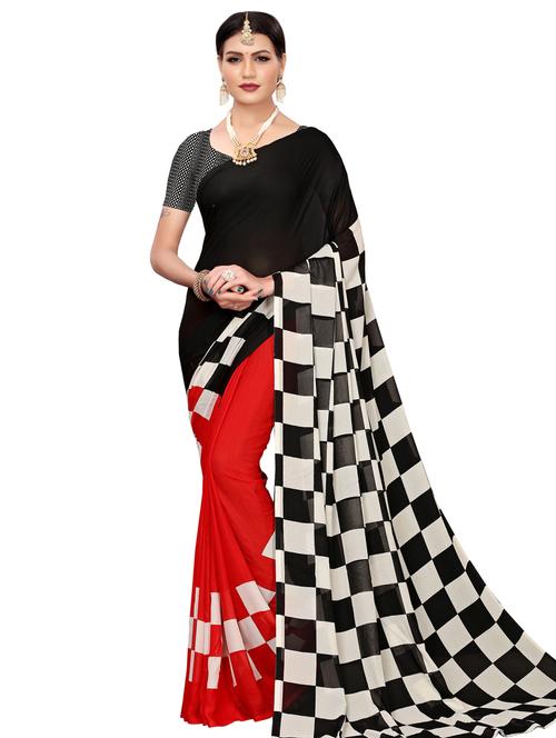 half & half printed saree with blouse - 16523689 - Very Small Image - 1