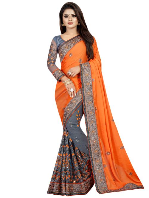 half & half embroidered saree with blouse - 16524171 - Very Small Image - 1