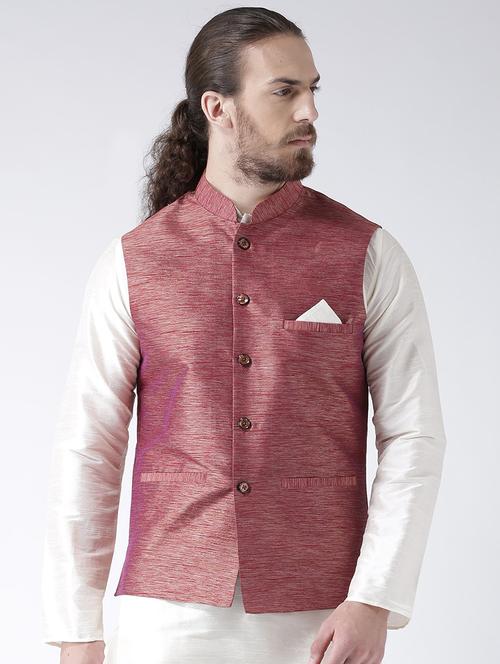 red silk blend woven nehru jacket - 16527452 - Very Small Image - 1