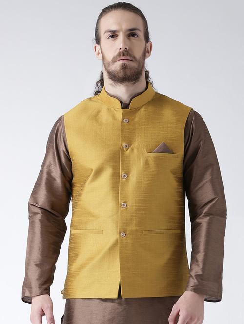 yellow silk blend woven nehru jacket - 16527468 - Very Small Image - 1